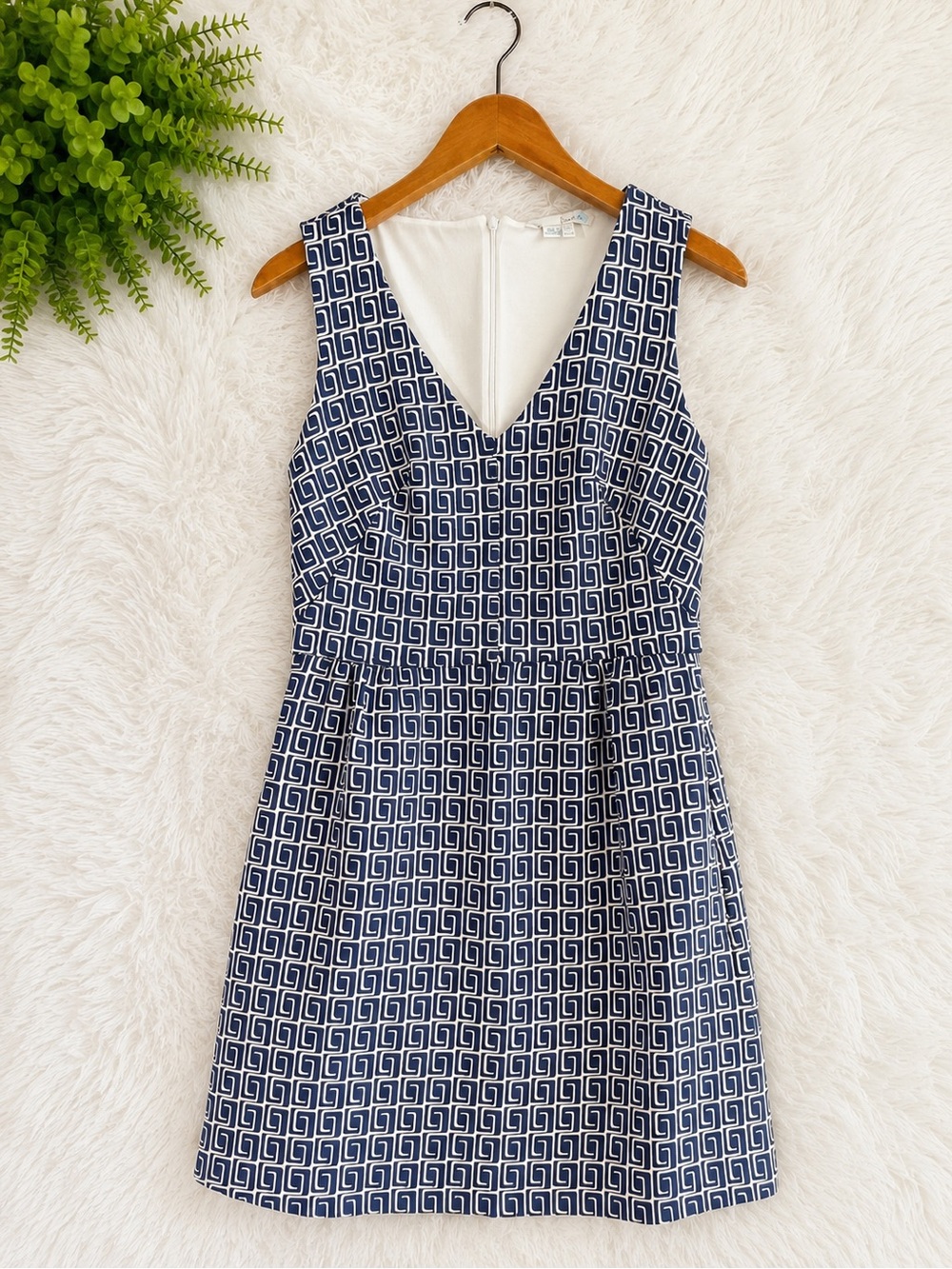 Boden Geometric Print Sleeveless Fit & Flare Dress US 6R Navy Cream